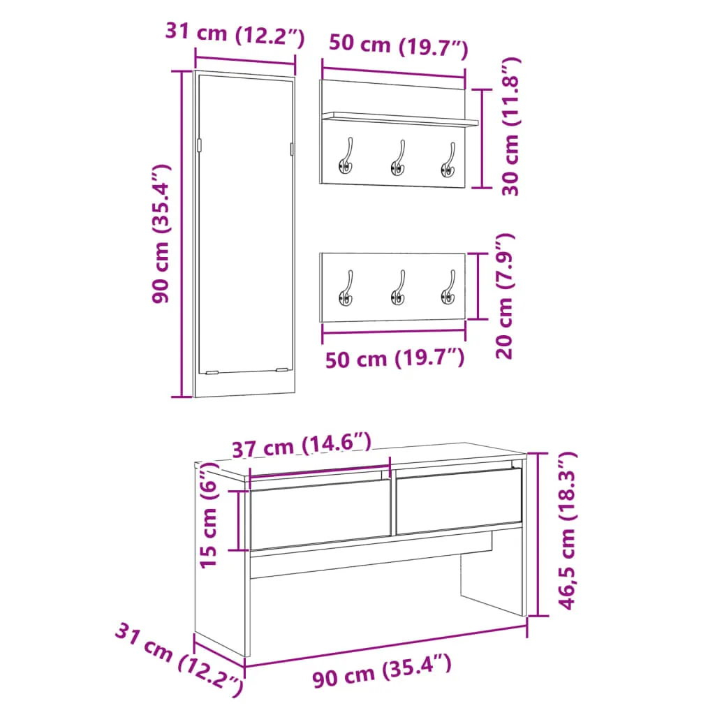 4 Piece Hallway Furniture Set Black Engineered Wood