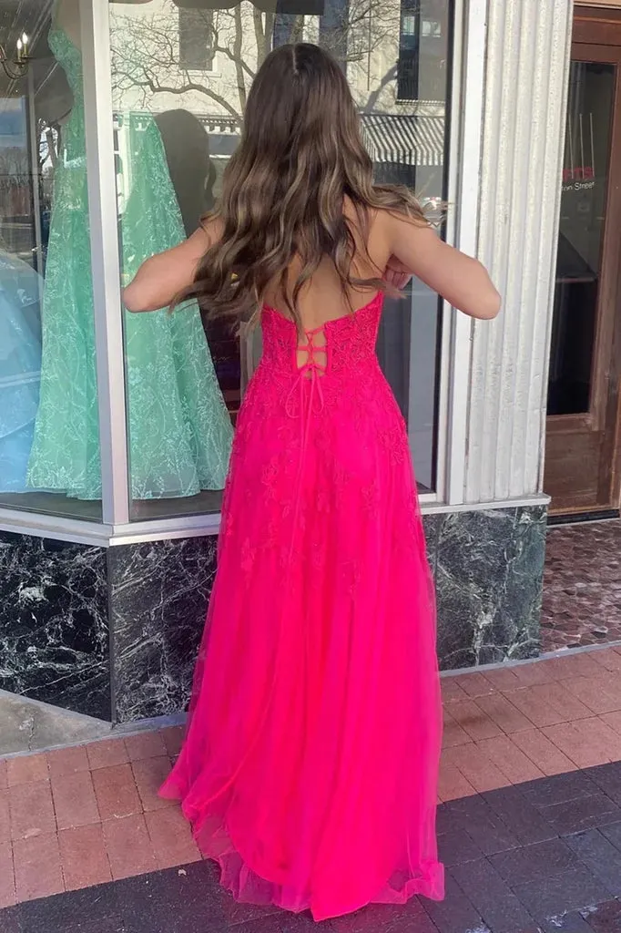 A-line Hot Pink Strapless Floral Appliques Long Prom Dress PSK495