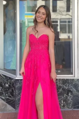 A-line Hot Pink Strapless Floral Appliques Long Prom Dress PSK495