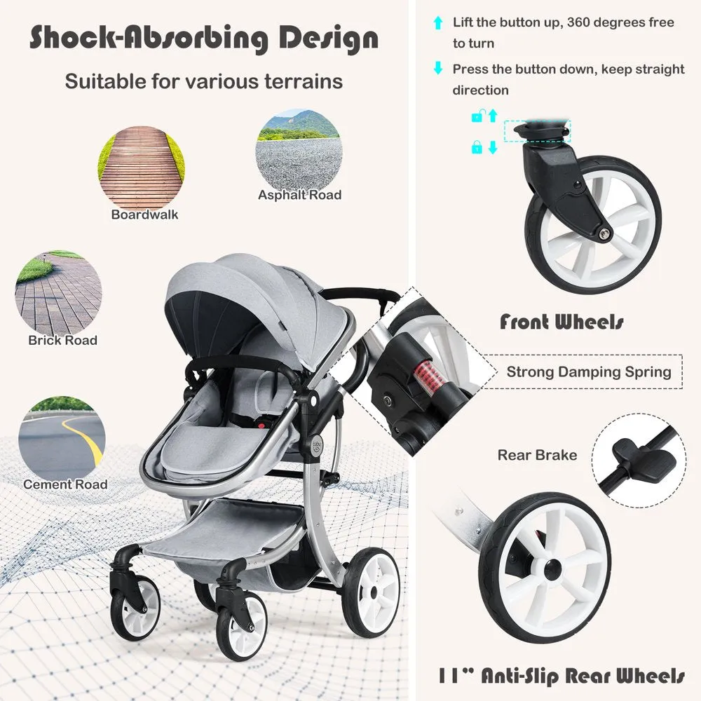 Babyjoy 2-In-1 Baby Stroller High Landscape Infant Stroller W/ Reversible Seat Grey