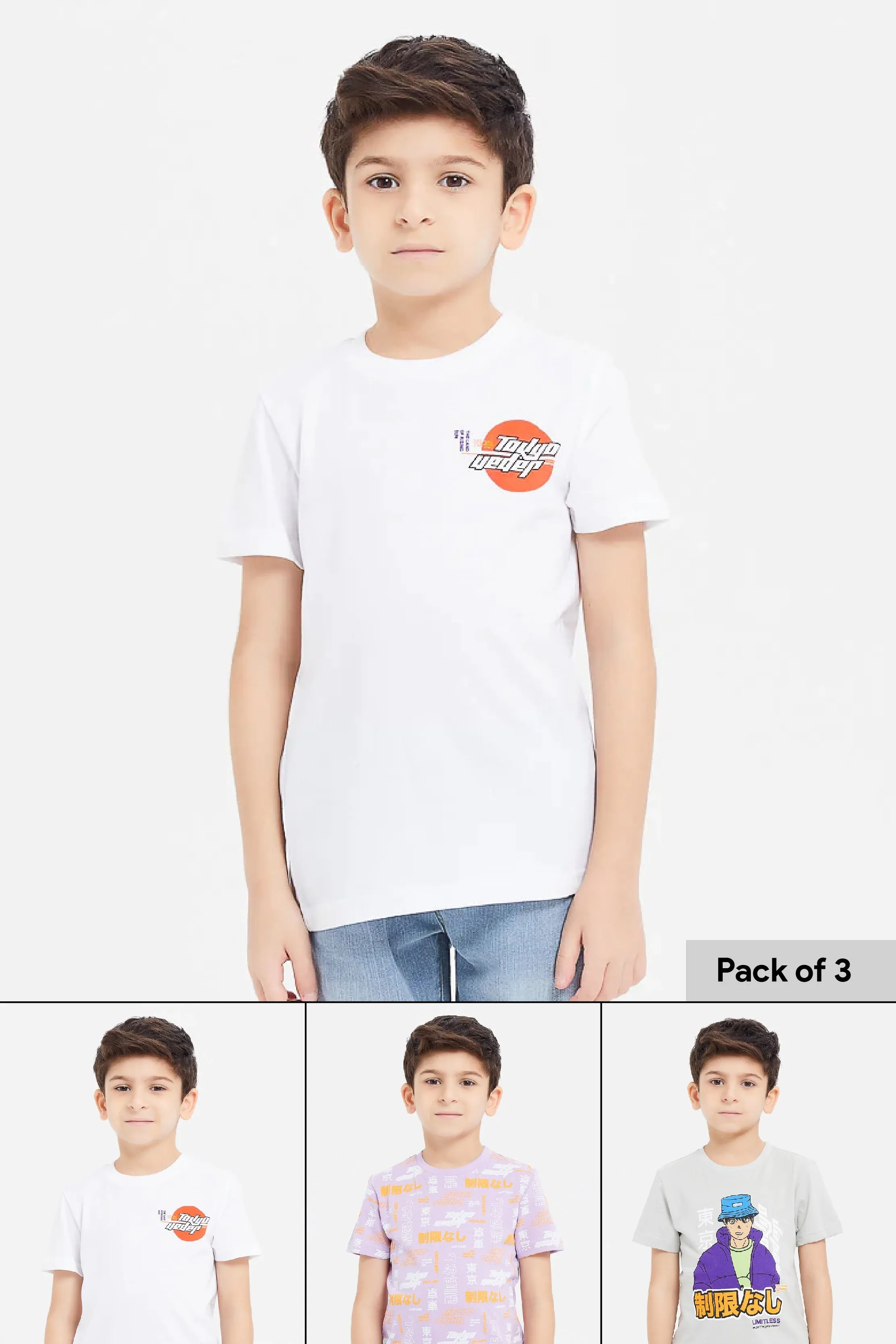 Boys Assorted White Anime T-Shirt Set (Pack Of 3)