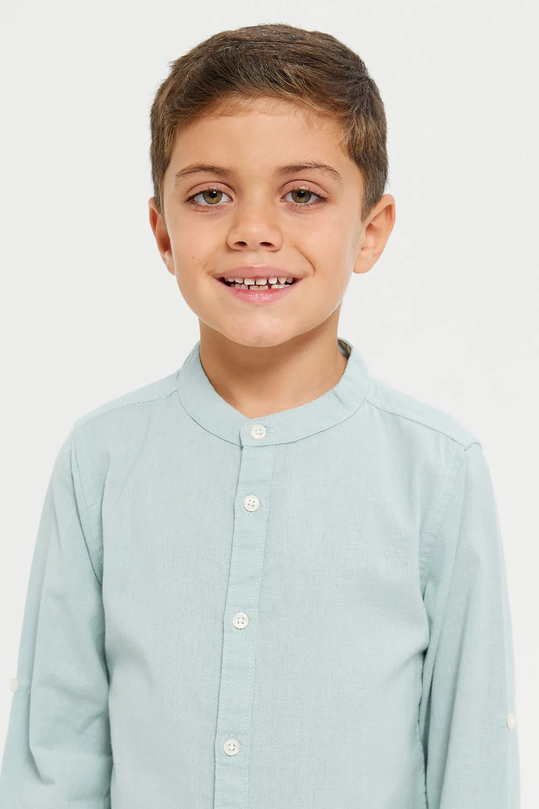 Boys Blue Long Sleeved Mandarin Shirt