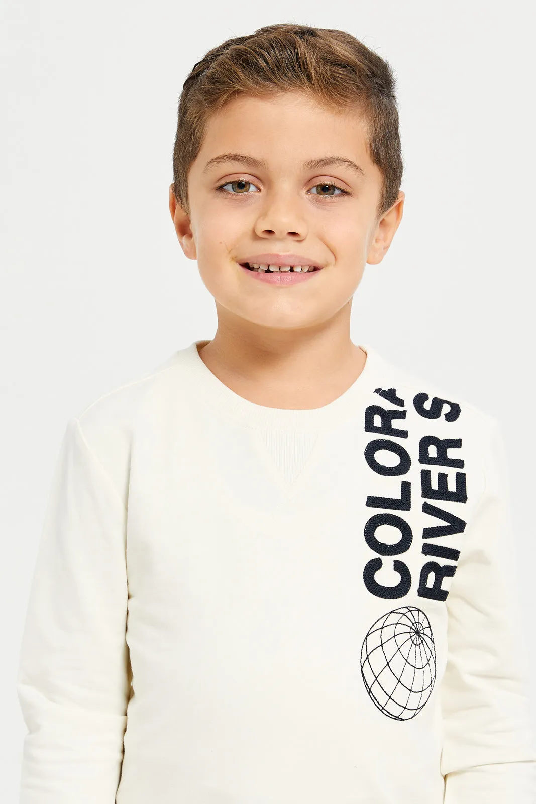 Boys Cream Round Neck Printed Sweatshirt