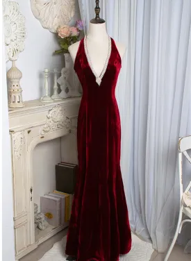 Charming Wine Red Mermaid Velvet Long Prom Dress, Wine Red Evening Dress