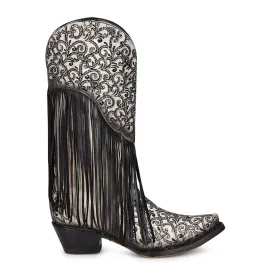 Corral Womens Intricate Fringe Cowboy Boots Leather Black/White