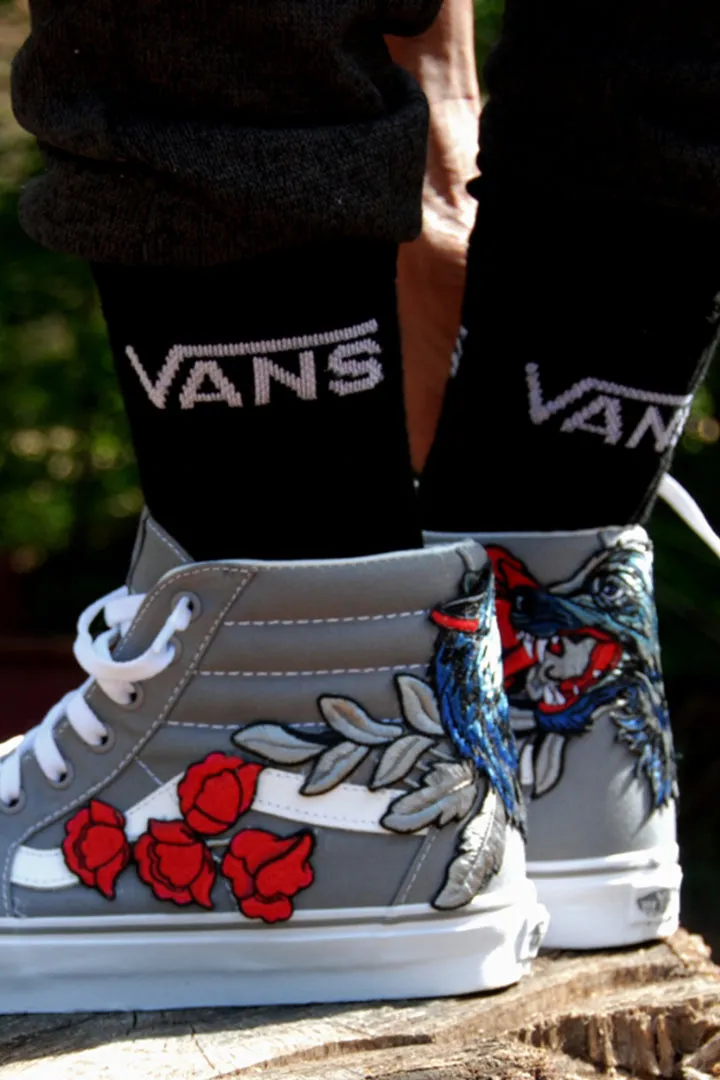 Custom Embroidered Frost Grey Wolf Rose Vans Sneakers Shoes