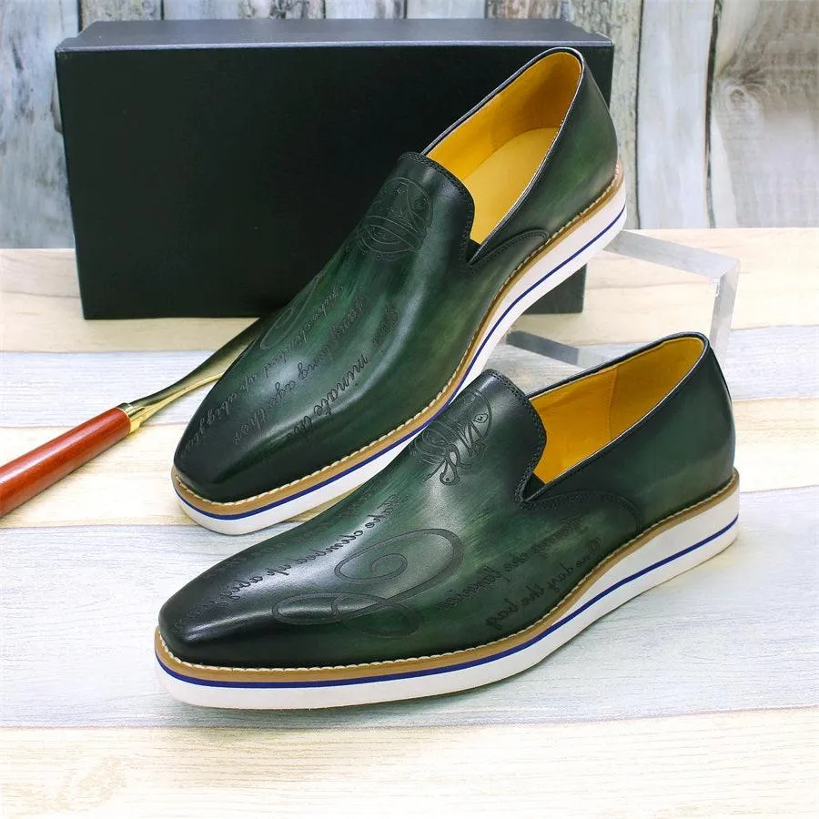 Fashion men casual shoes green comfortable flat loafers classic pointed handmade leather