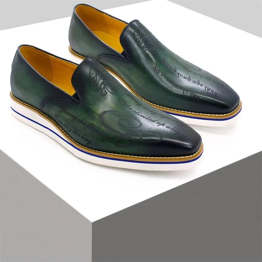 Fashion men casual shoes green comfortable flat loafers classic pointed handmade leather