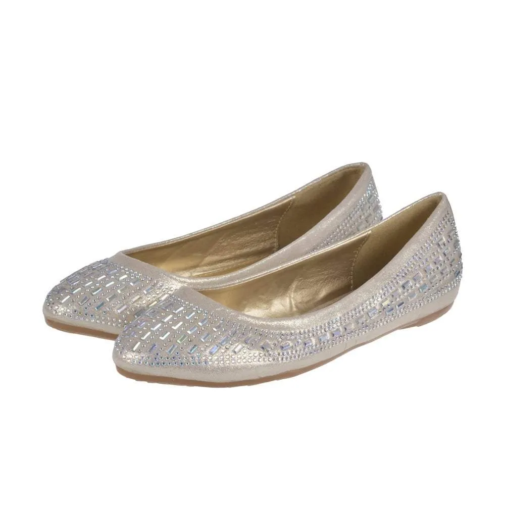 Flat Ballerina Pumps With Diamante And Mirror Stones