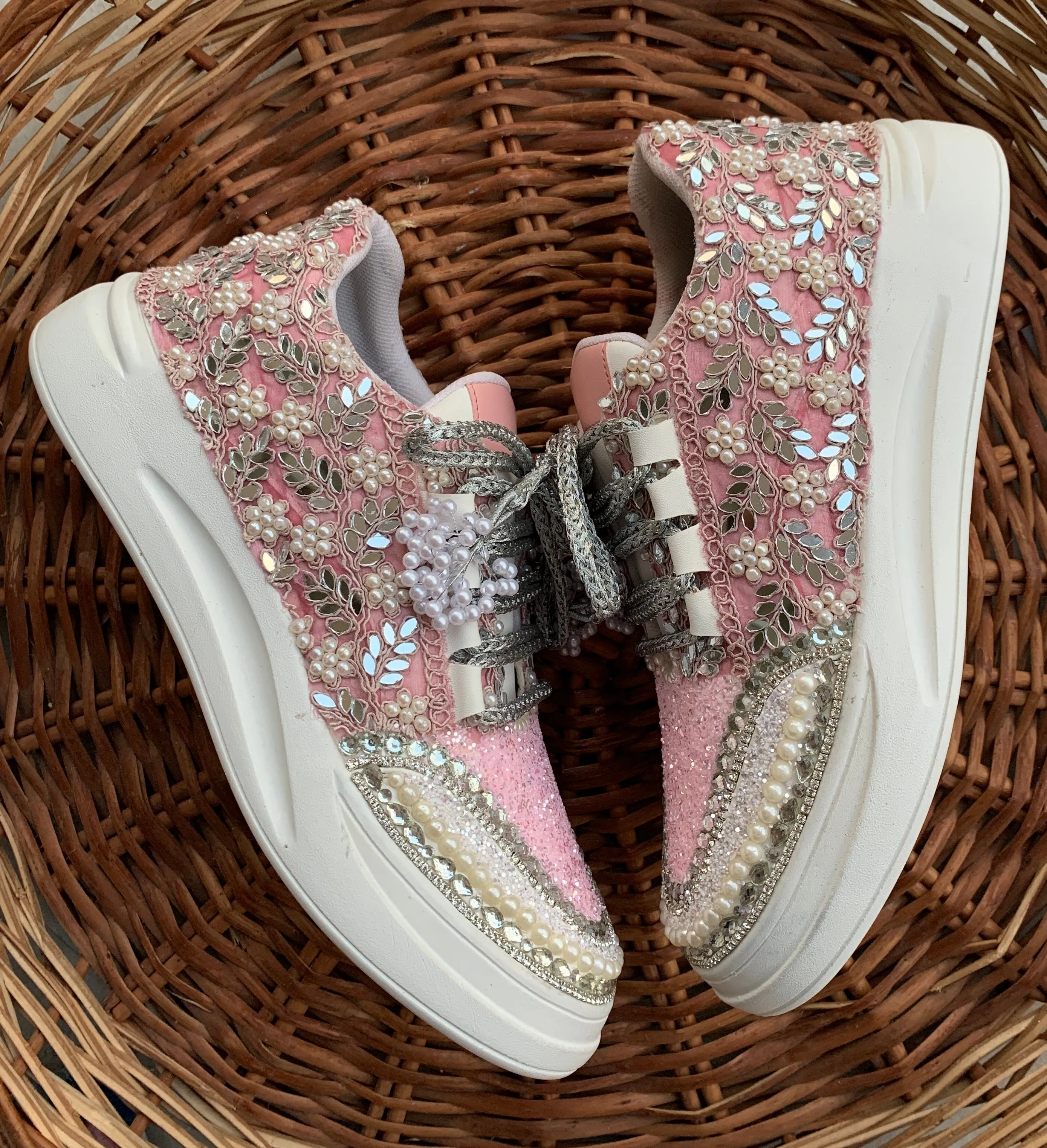 FUNKY N TRENDY baby pink and silver sneakers for brides / bridesmaids/ pink sneakers / baby pink sneakers / bridal sneakers / bridesmaid sneakers