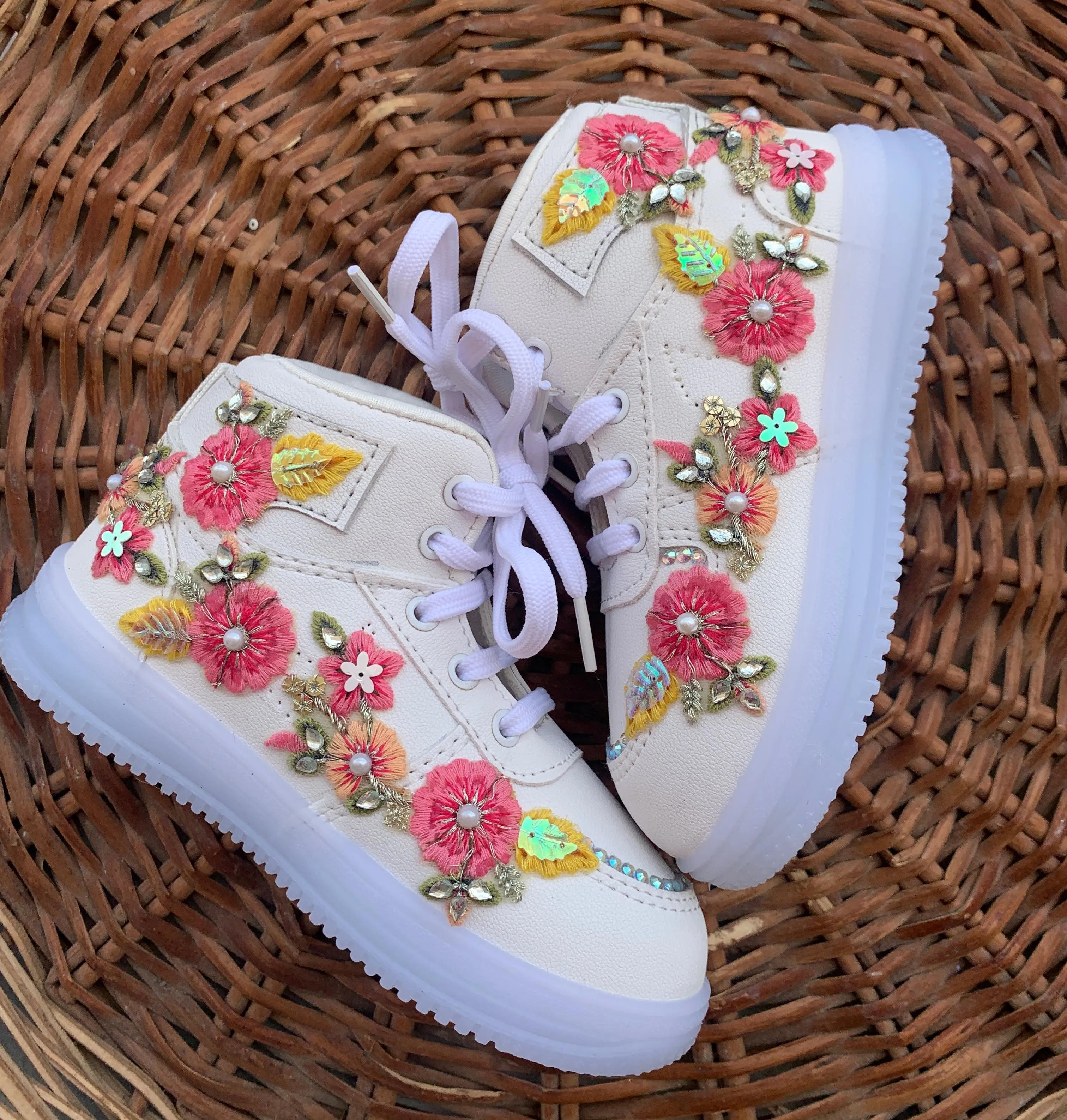 Funky N Trendy floral sneakers with beads detailing kids sneakers/ kids sneaker / kids shoes/ floral sneakers / white shoes for kids/floral shoes for kids