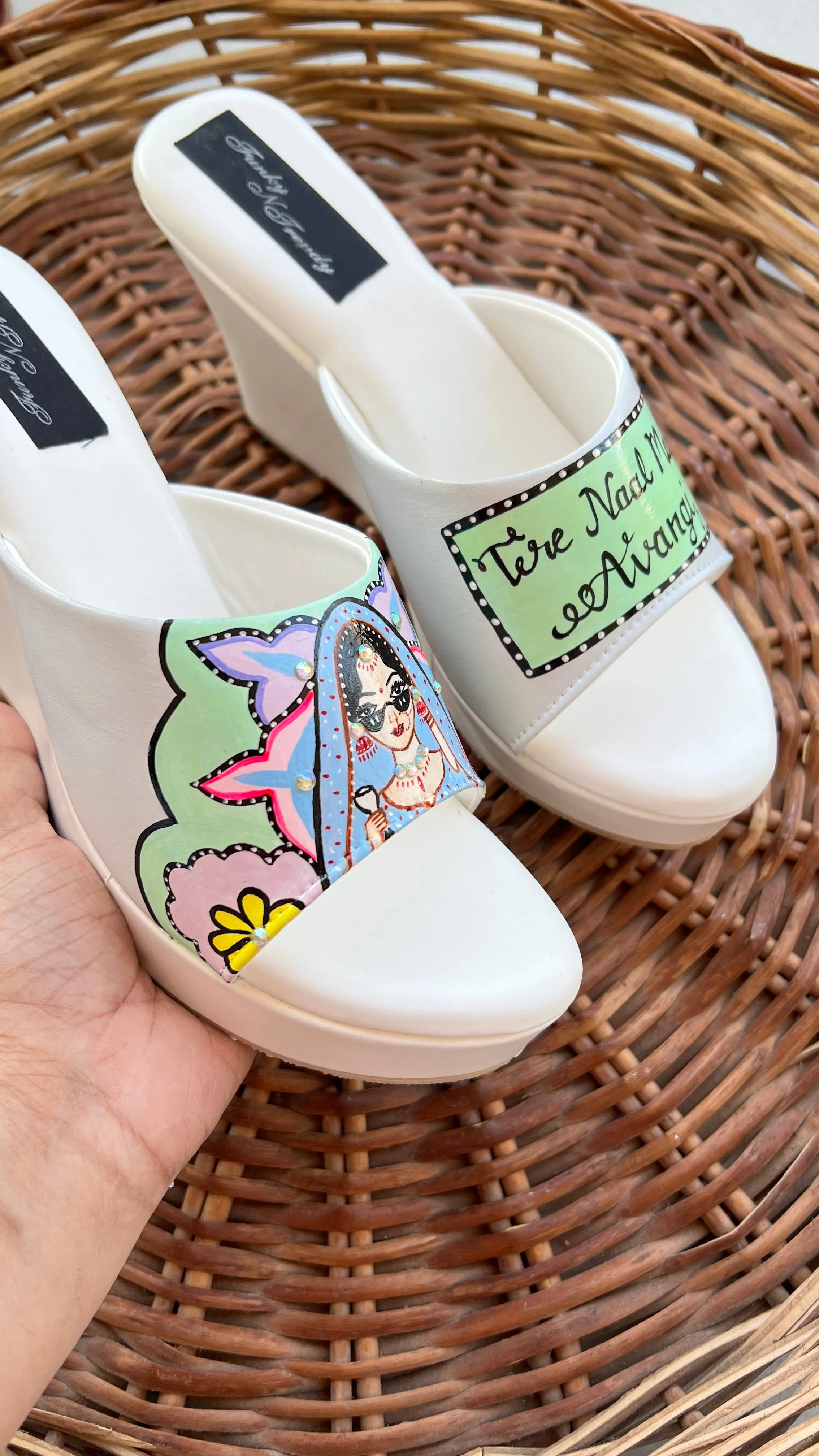 FUNKY N TRENDY hand painted water resistant wedding theme wedges for bride / handpainted heels / quirky heels/ kudi pataka sandals / kudi pataka heels / white heels/ green wedges