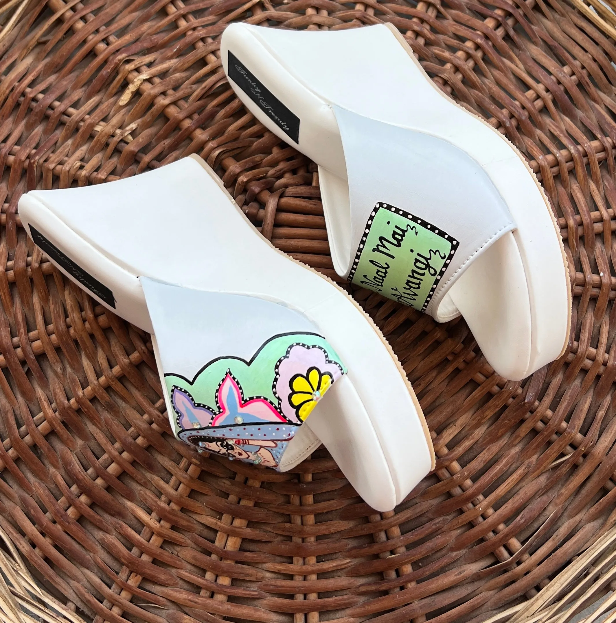 FUNKY N TRENDY hand painted water resistant wedding theme wedges for bride / handpainted heels / quirky heels/ kudi pataka sandals / kudi pataka heels / white heels/ green wedges