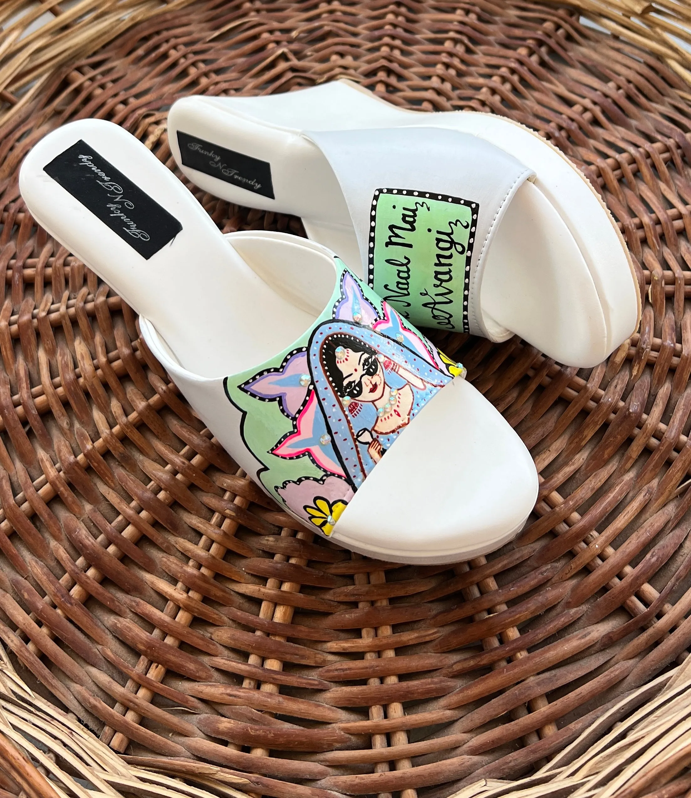 FUNKY N TRENDY hand painted water resistant wedding theme wedges for bride / handpainted heels / quirky heels/ kudi pataka sandals / kudi pataka heels / white heels/ green wedges