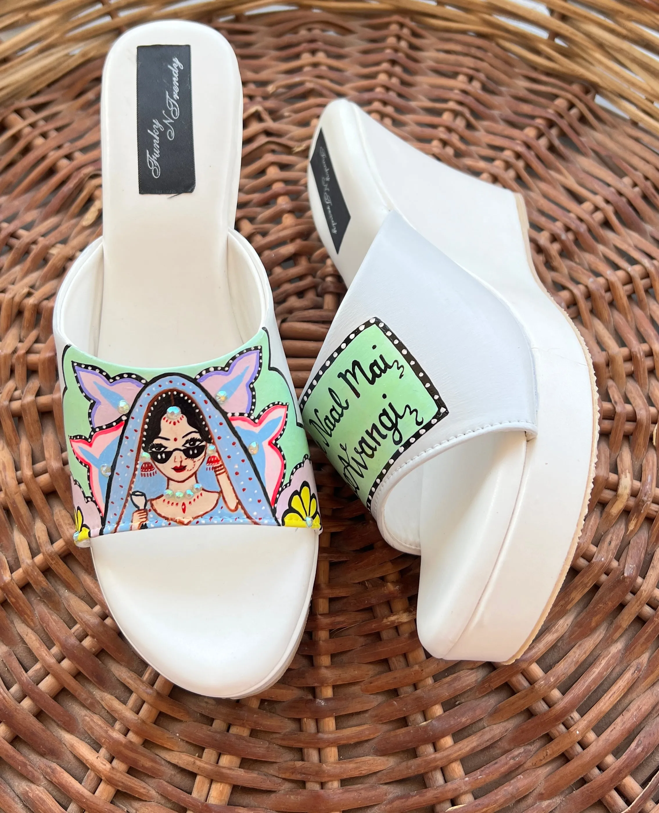 FUNKY N TRENDY hand painted water resistant wedding theme wedges for bride / handpainted heels / quirky heels/ kudi pataka sandals / kudi pataka heels / white heels/ green wedges