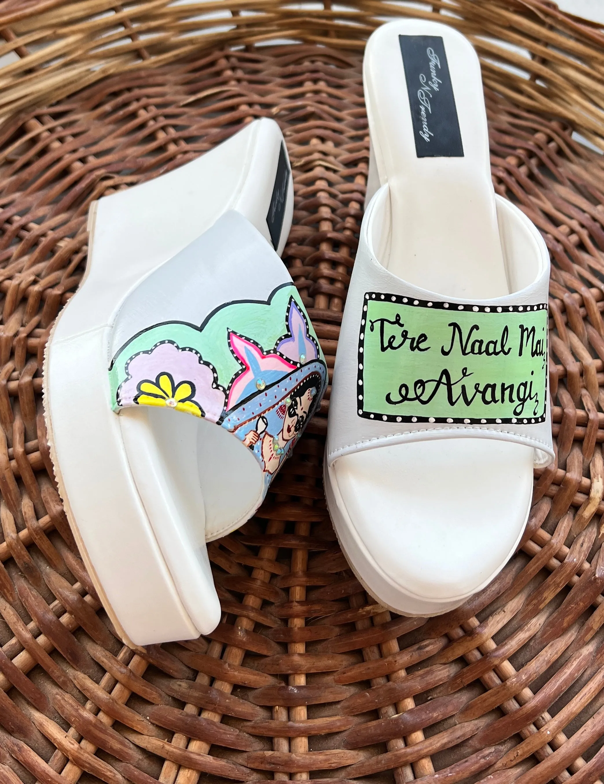 FUNKY N TRENDY hand painted water resistant wedding theme wedges for bride / handpainted heels / quirky heels/ kudi pataka sandals / kudi pataka heels / white heels/ green wedges