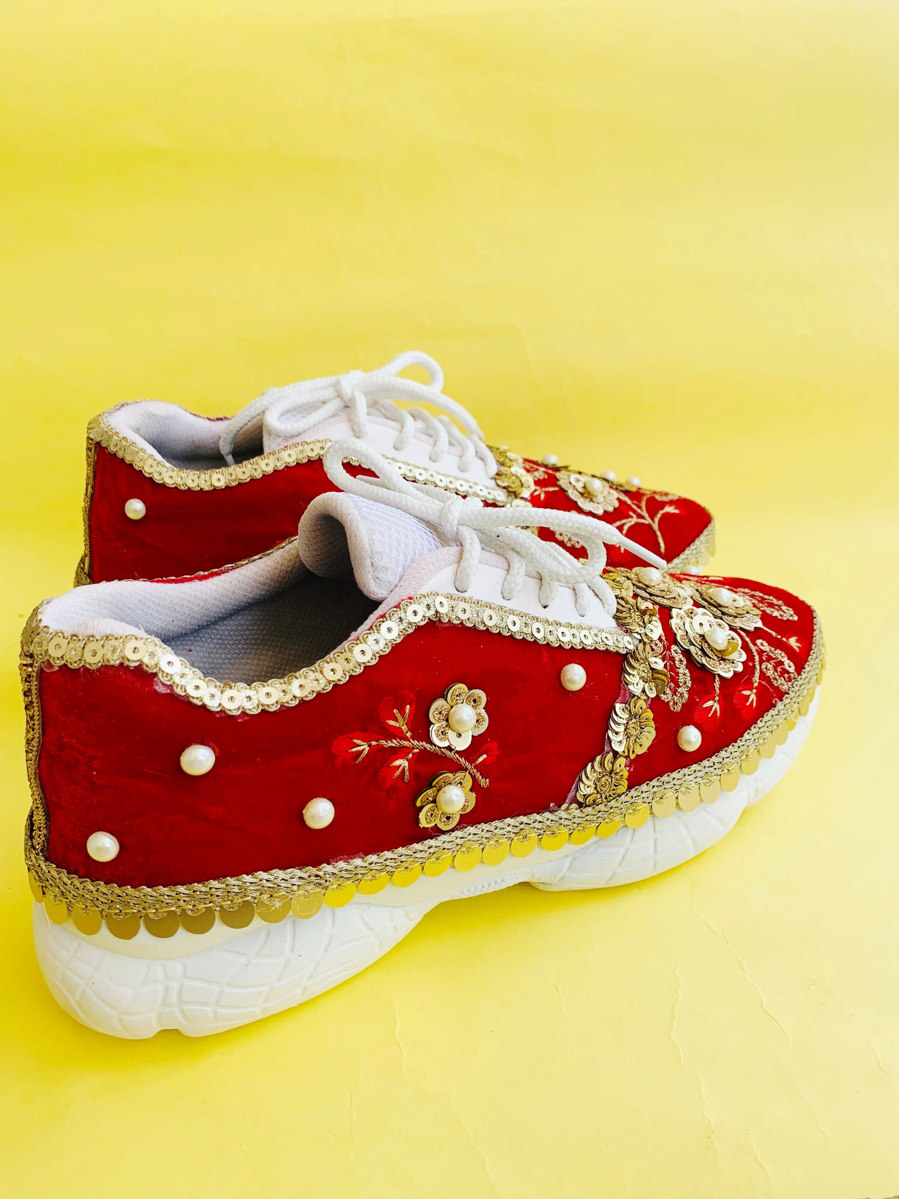 FUNKY N TRENDY Red sneakers for brides /bridesmaids / sneakers for bridesmaids/ handcrafted sneakers/ red sneakers / bridal sneakers / bridesmaid sneakers/ gold sneakers / red shoes/embroidered shoes