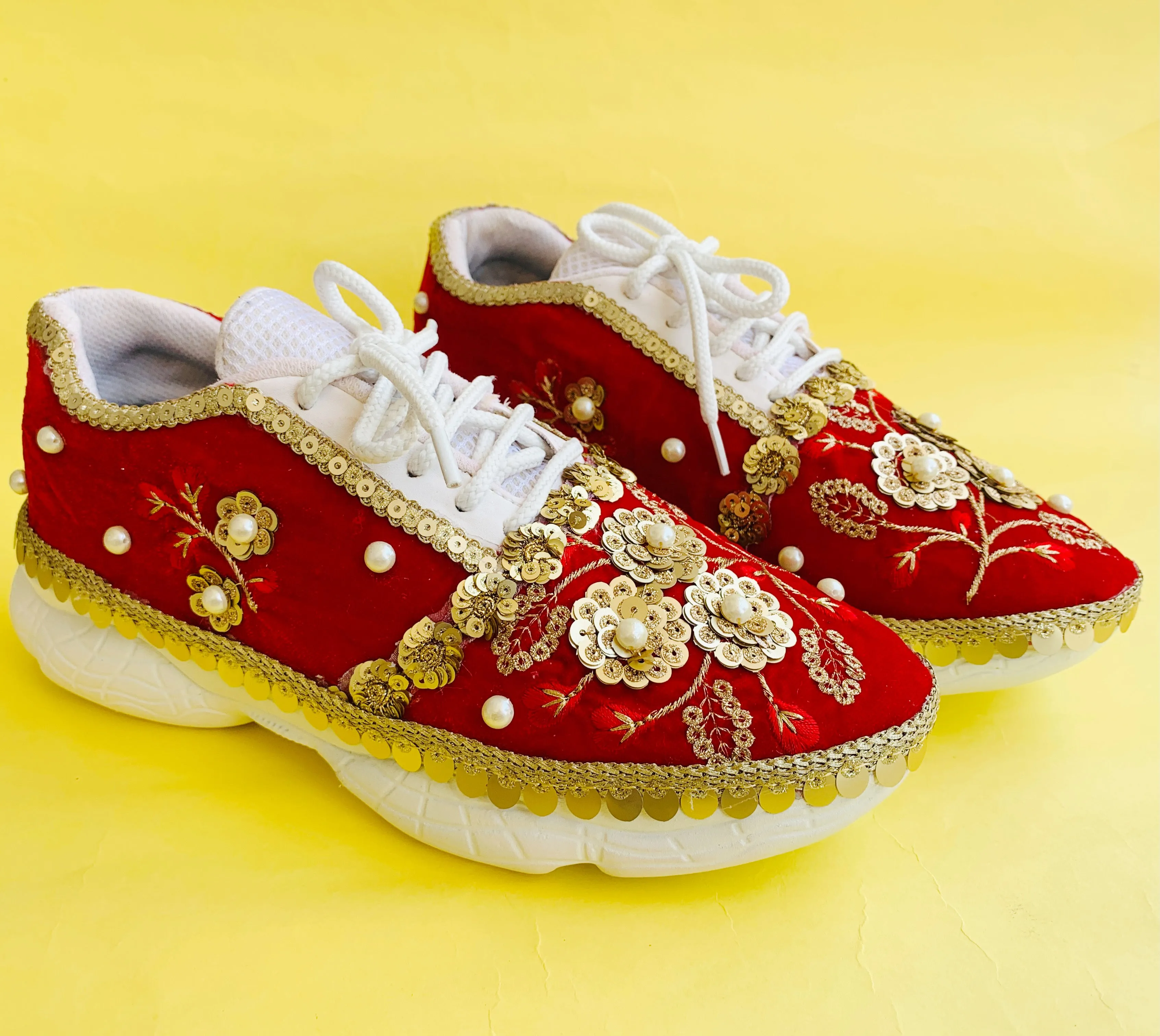 FUNKY N TRENDY Red sneakers for brides /bridesmaids / sneakers for bridesmaids/ handcrafted sneakers/ red sneakers / bridal sneakers / bridesmaid sneakers/ gold sneakers / red shoes/embroidered shoes