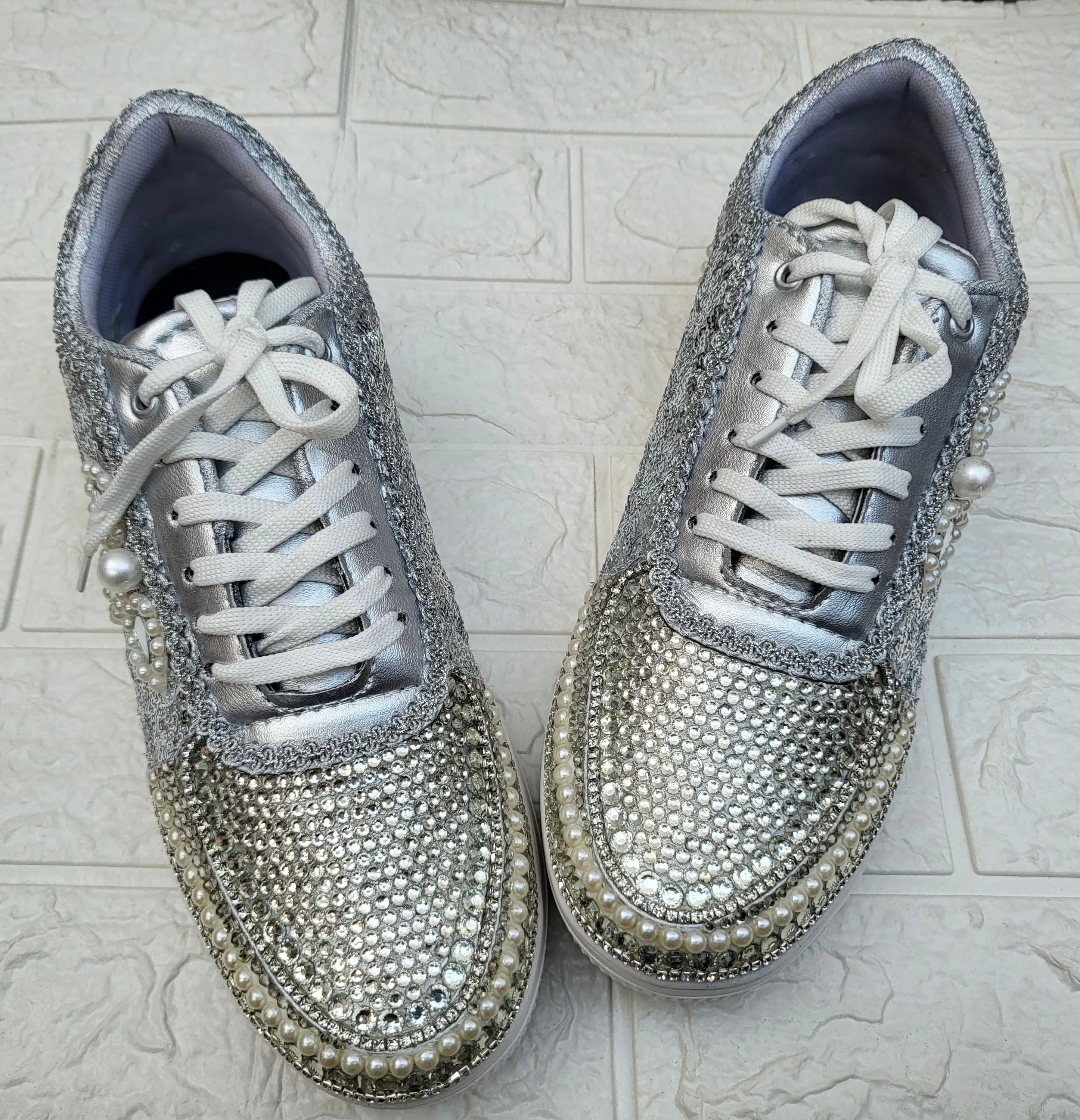 FUNKY N TRENDY silver color sequine work sneakers for brides / bridesmaids/ silver sneakers / silver shoes /silver embroidered shoes