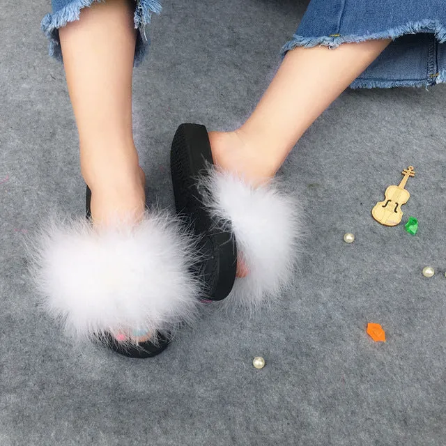 Fur Flip Flops Women Ostrich Home Slippers Female Sweet Wedges Sandals Beach Shoes Summer Pantufa Platform Fashion Chinelo Hot