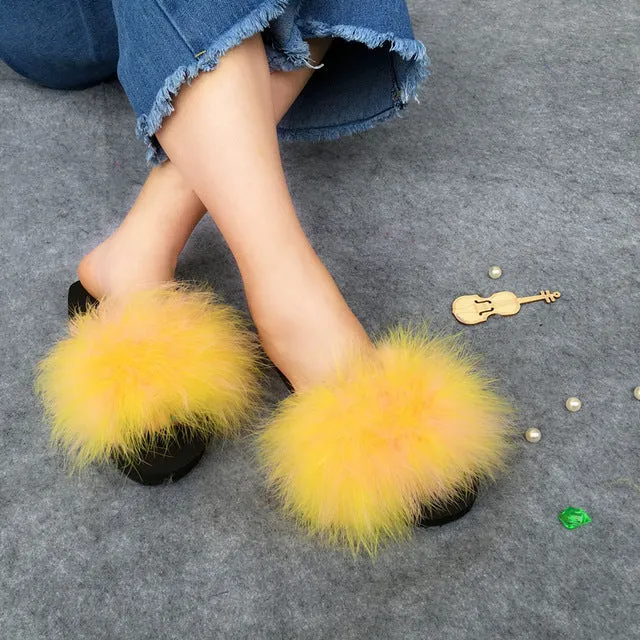 Fur Flip Flops Women Ostrich Home Slippers Female Sweet Wedges Sandals Beach Shoes Summer Pantufa Platform Fashion Chinelo Hot