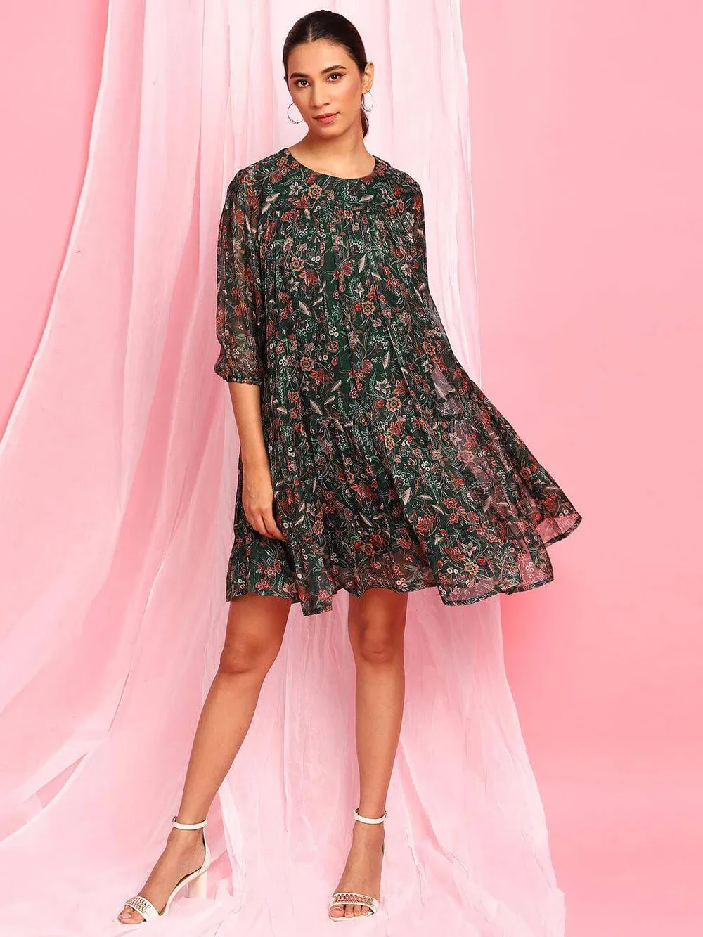 Green Georgette Floral Flared Western Dress