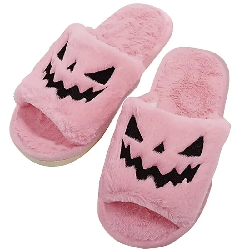 Halloween Pumpkin Fuzzy Slippers Soft Plush Cozy Open Toe Women Slides