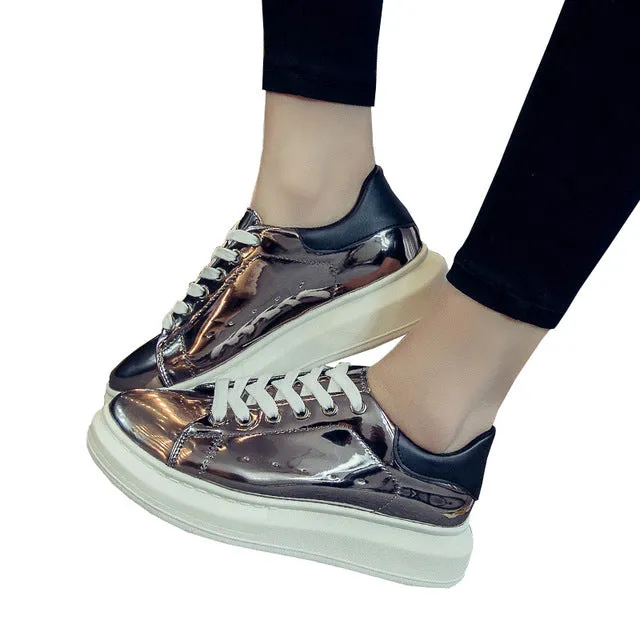 HEE GRAND Patent Leather Creepers Platform Shoes Woman 2017 Casual Loafers Gold Silver Flats Lace-Up Women Shoes XWC1010