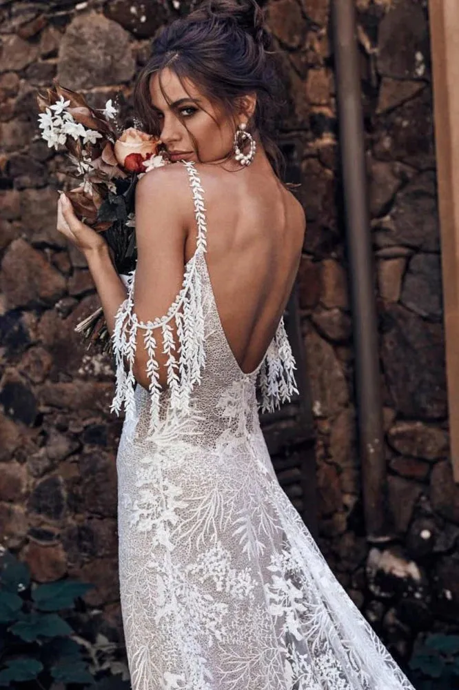 Ivory Bohemian Scoop Neckline Backless Beach Wedding Dress WD676