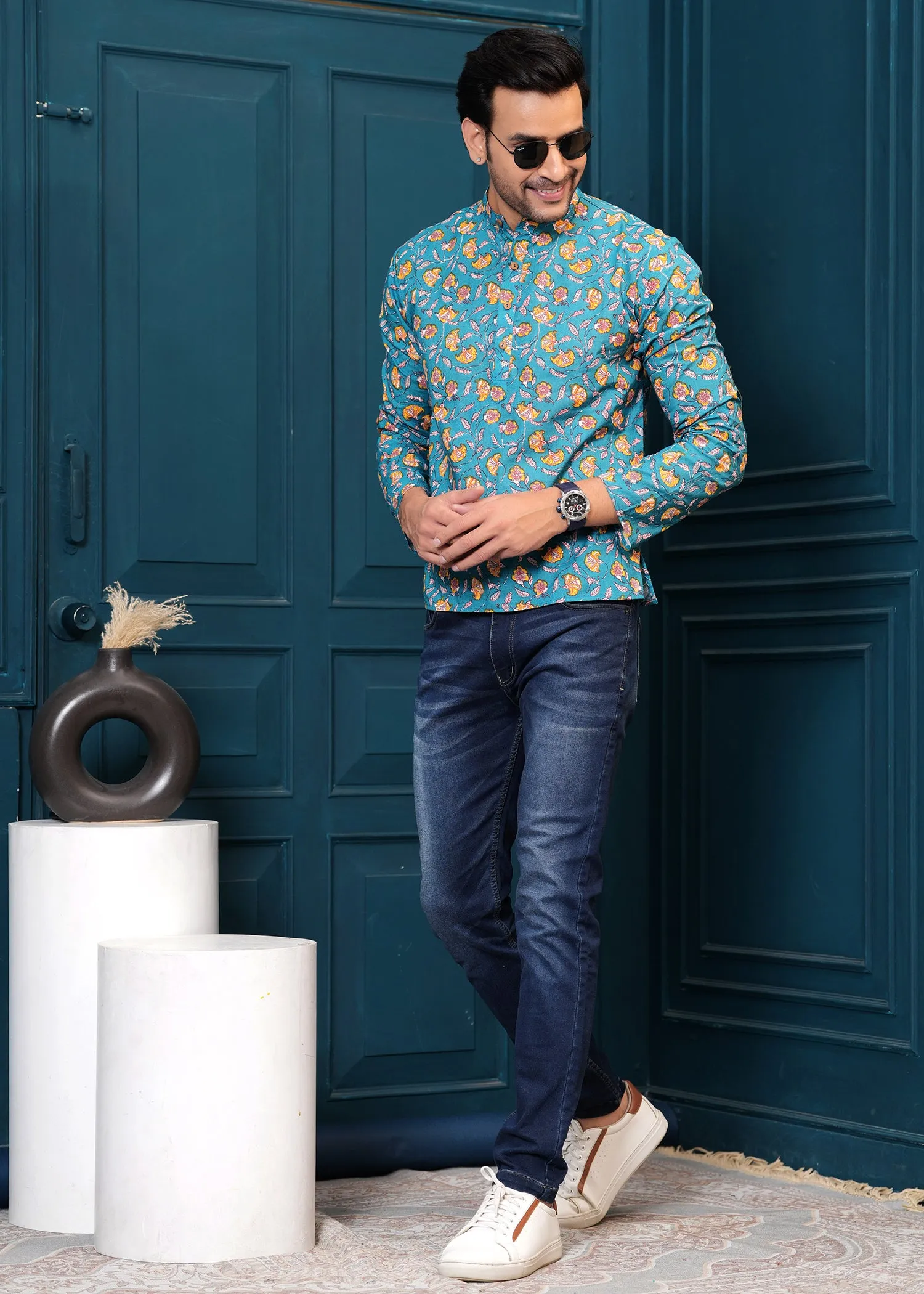 Men Mustard Embroidered Cotton Half Sleeves Casual Shirt