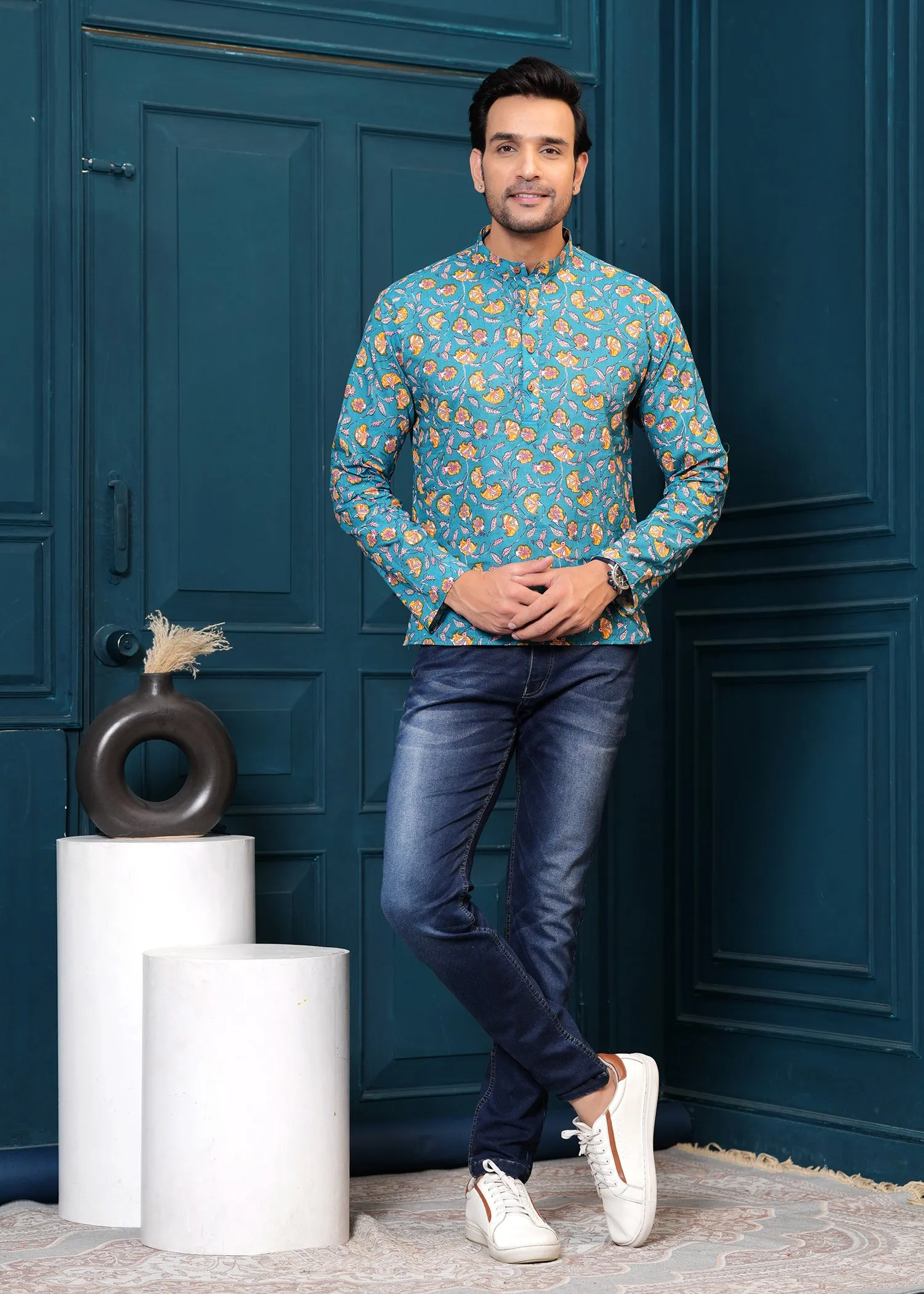 Men Mustard Embroidered Cotton Half Sleeves Casual Shirt