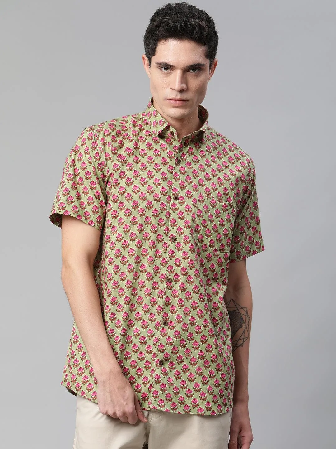 Millennial Men Green  & Pink Cotton  Half Sleeve Shirt For Men-Mmh0180