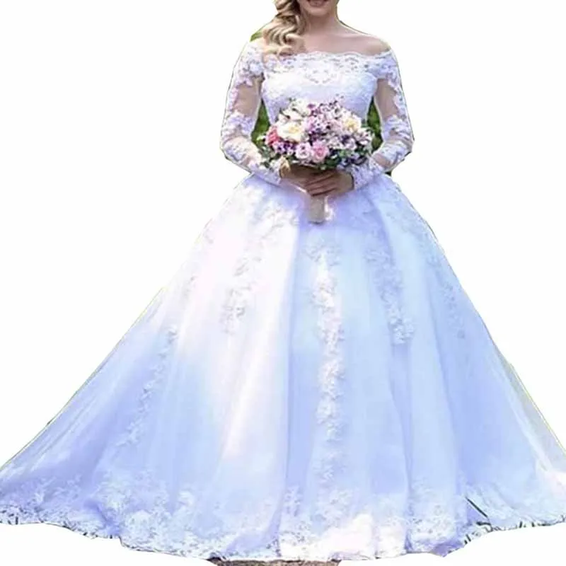 Off Shoulder Long Sleeves Lace Wedding Dress Bridal Gown