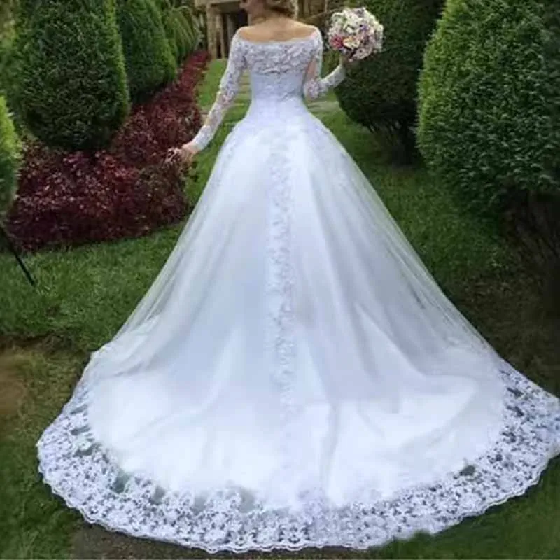 Off Shoulder Long Sleeves Lace Wedding Dress Bridal Gown