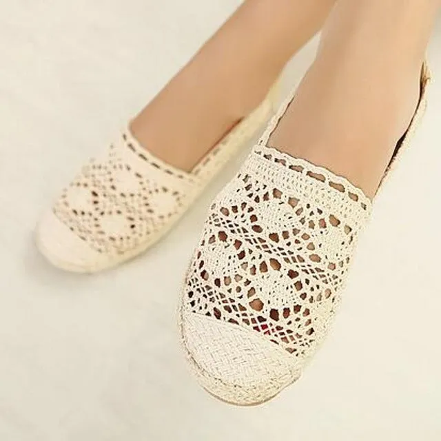 Runtogether New Women Casual Flat Shoes Fashion Slip On Round Toe Loafers Lace Cut Outs Straw Hemp Rope Canvas Shoes Size 35-40