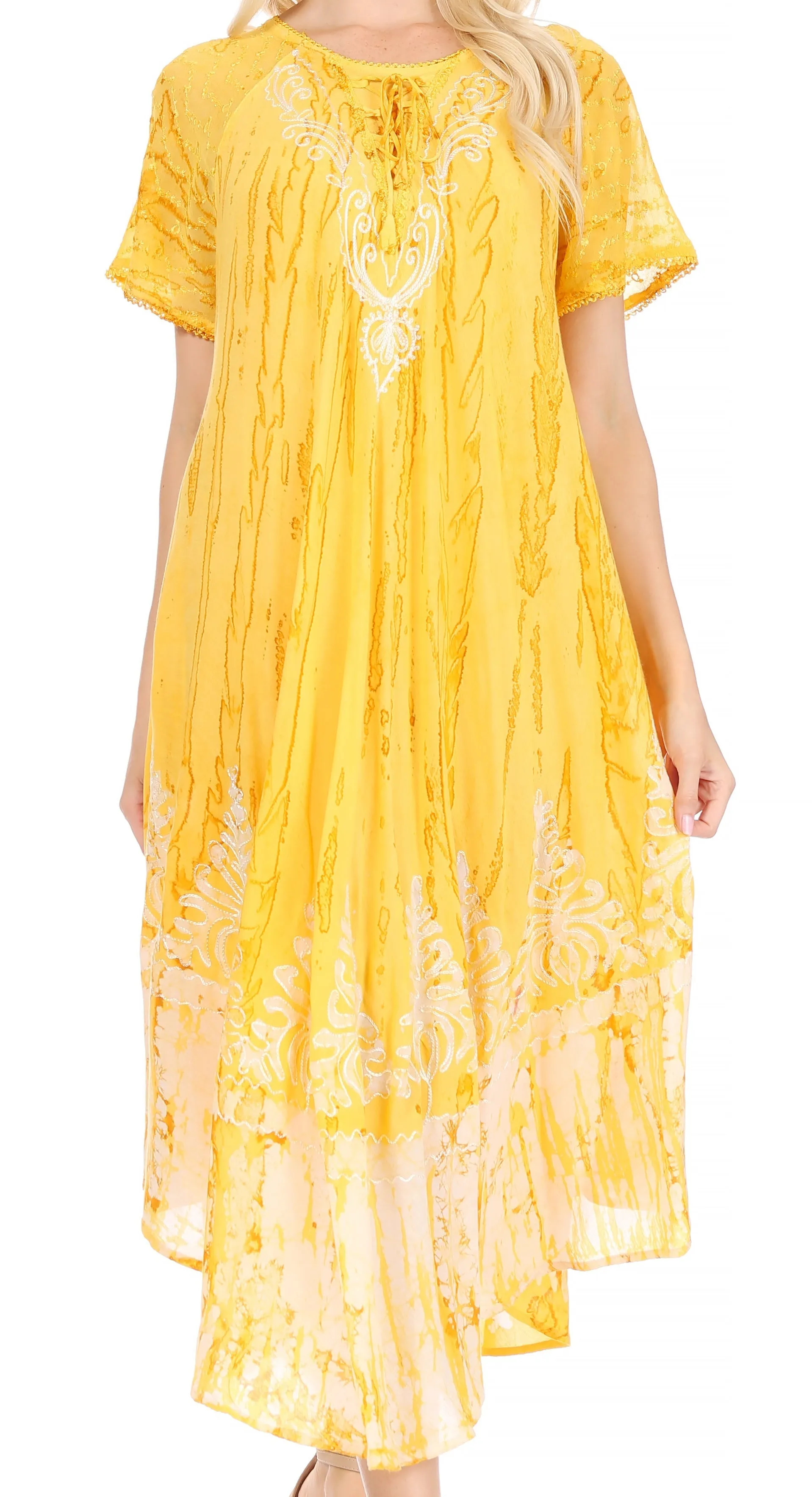 Sakkas Ronny Lace Embroidered Cap Sleeve Tie Dye Wash Caftan Dress / Cover Up