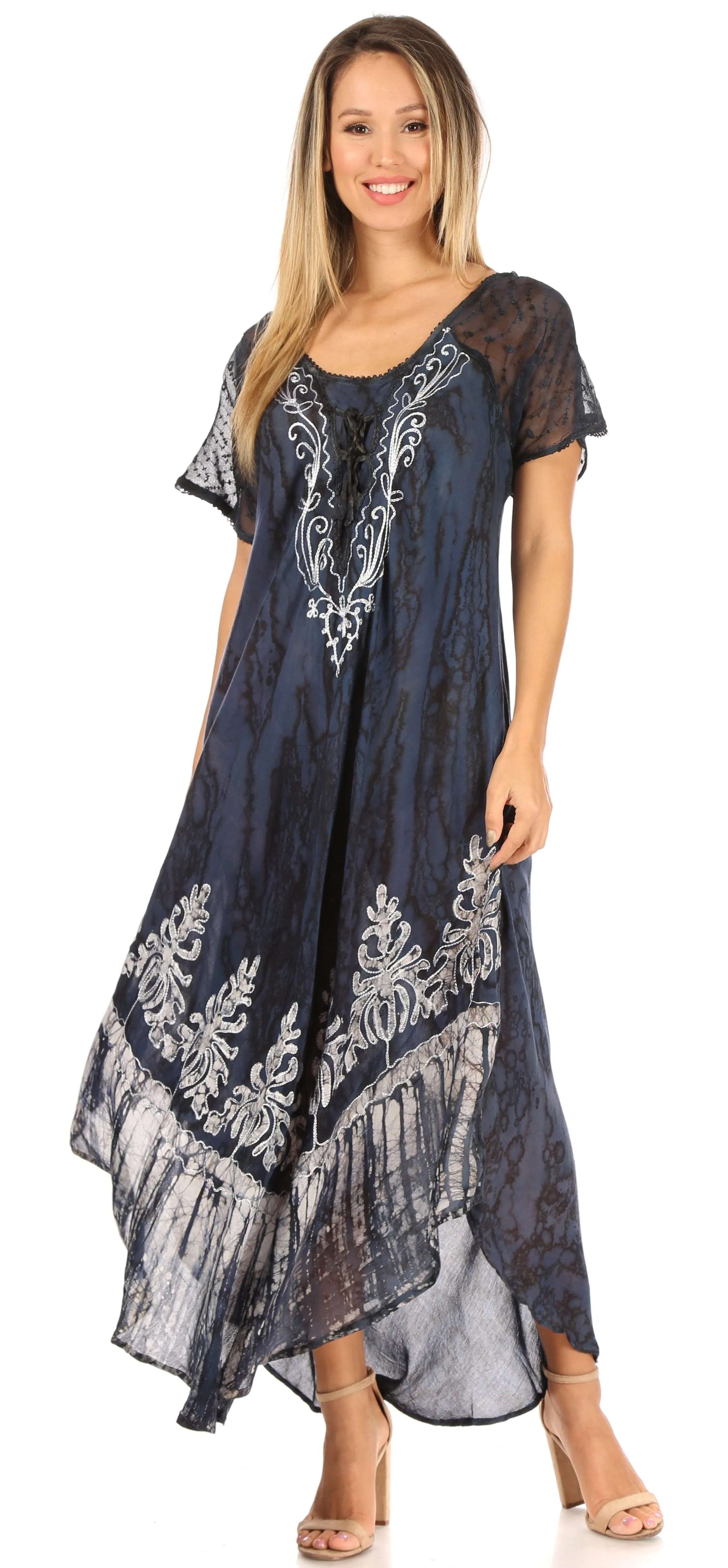 Sakkas Ronny Lace Embroidered Cap Sleeve Tie Dye Wash Caftan Dress / Cover Up