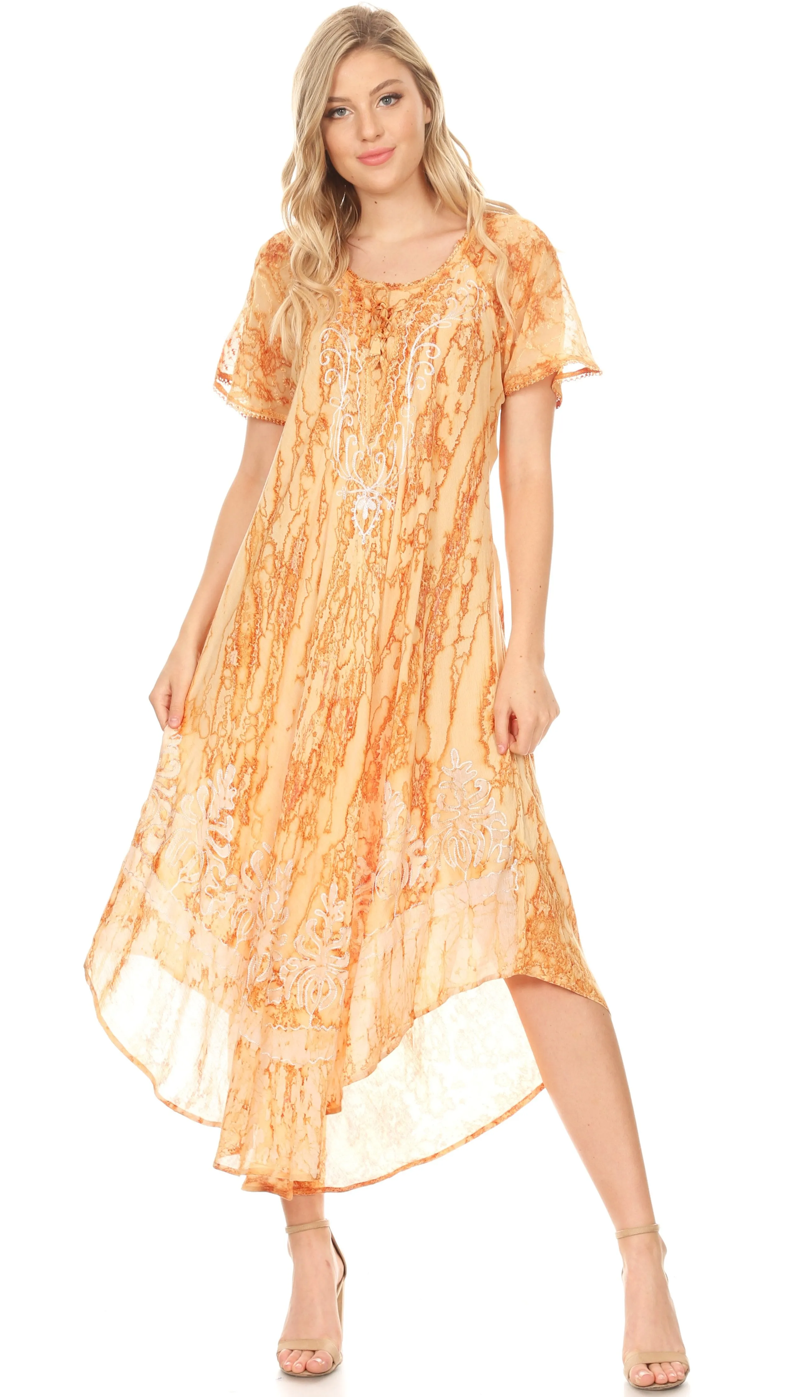 Sakkas Ronny Lace Embroidered Cap Sleeve Tie Dye Wash Caftan Dress / Cover Up