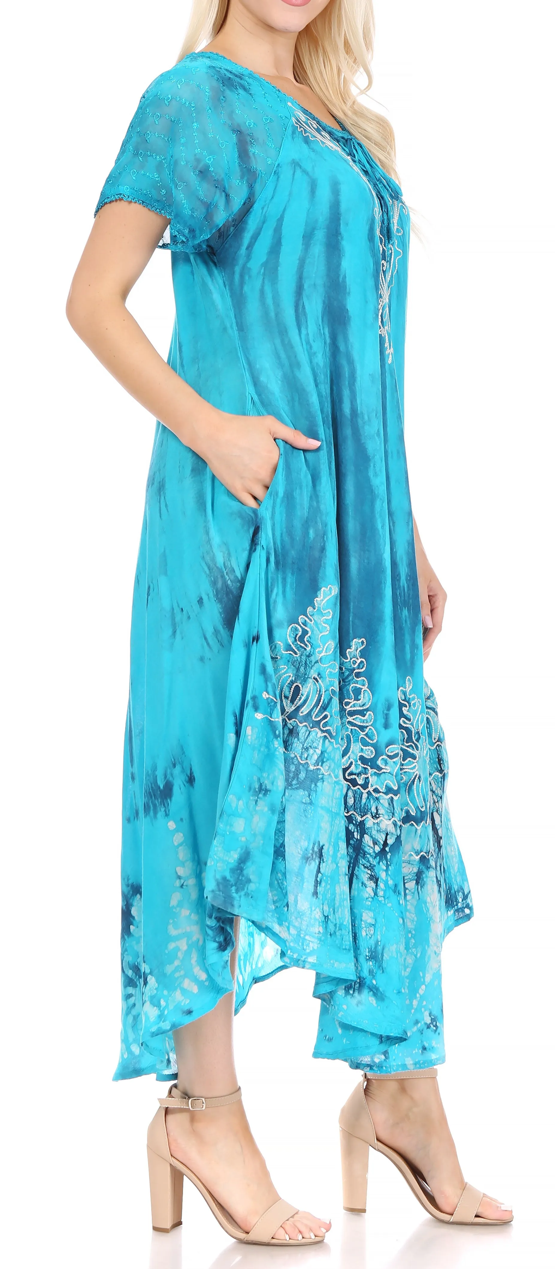 Sakkas Ronny Lace Embroidered Cap Sleeve Tie Dye Wash Caftan Dress / Cover Up