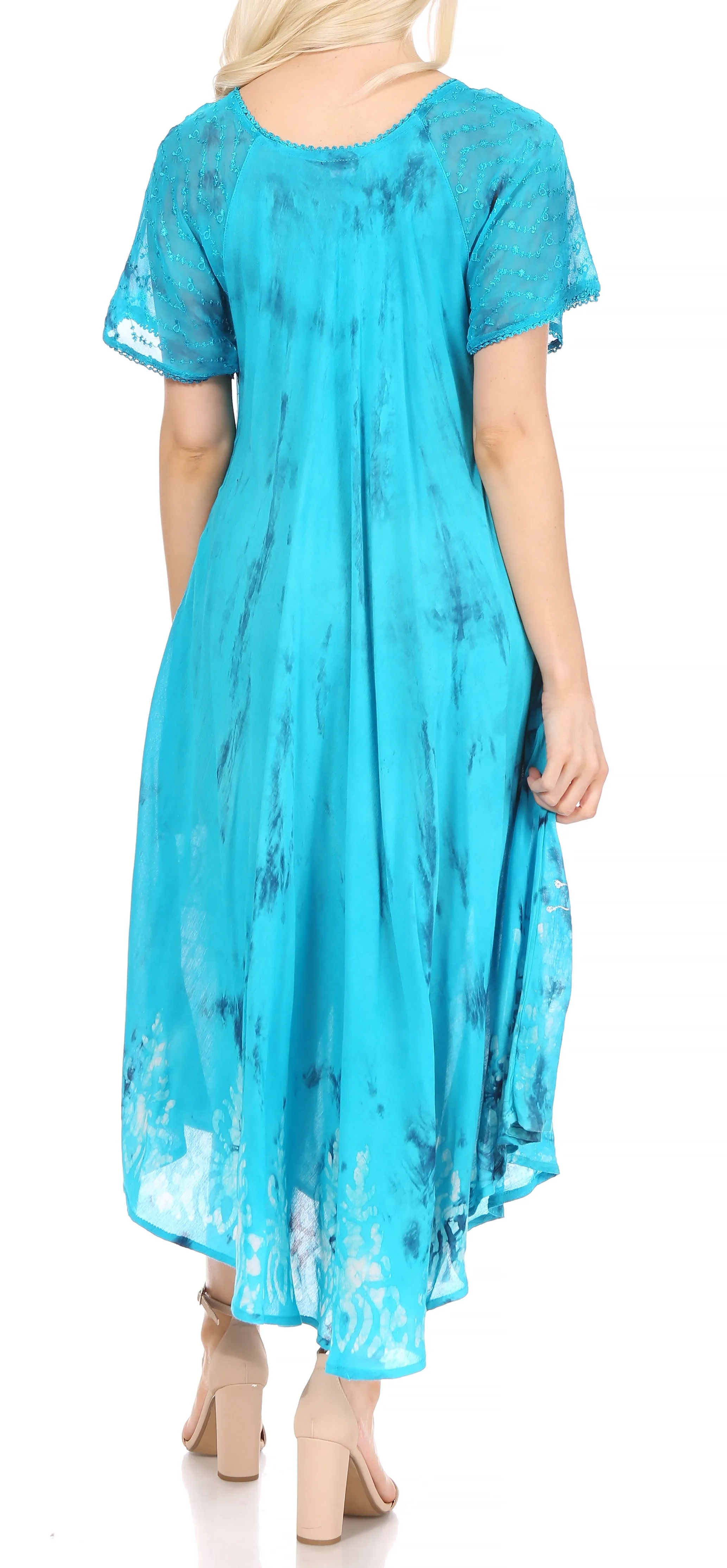 Sakkas Ronny Lace Embroidered Cap Sleeve Tie Dye Wash Caftan Dress / Cover Up