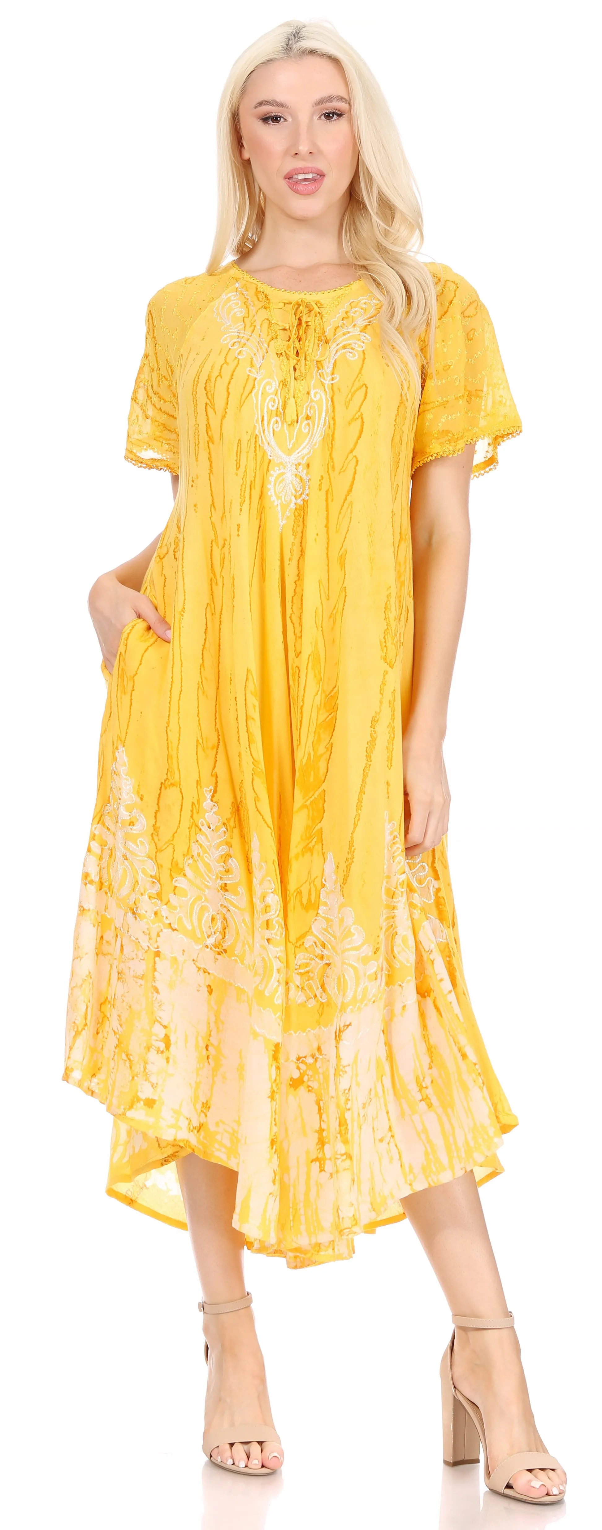 Sakkas Ronny Lace Embroidered Cap Sleeve Tie Dye Wash Caftan Dress / Cover Up