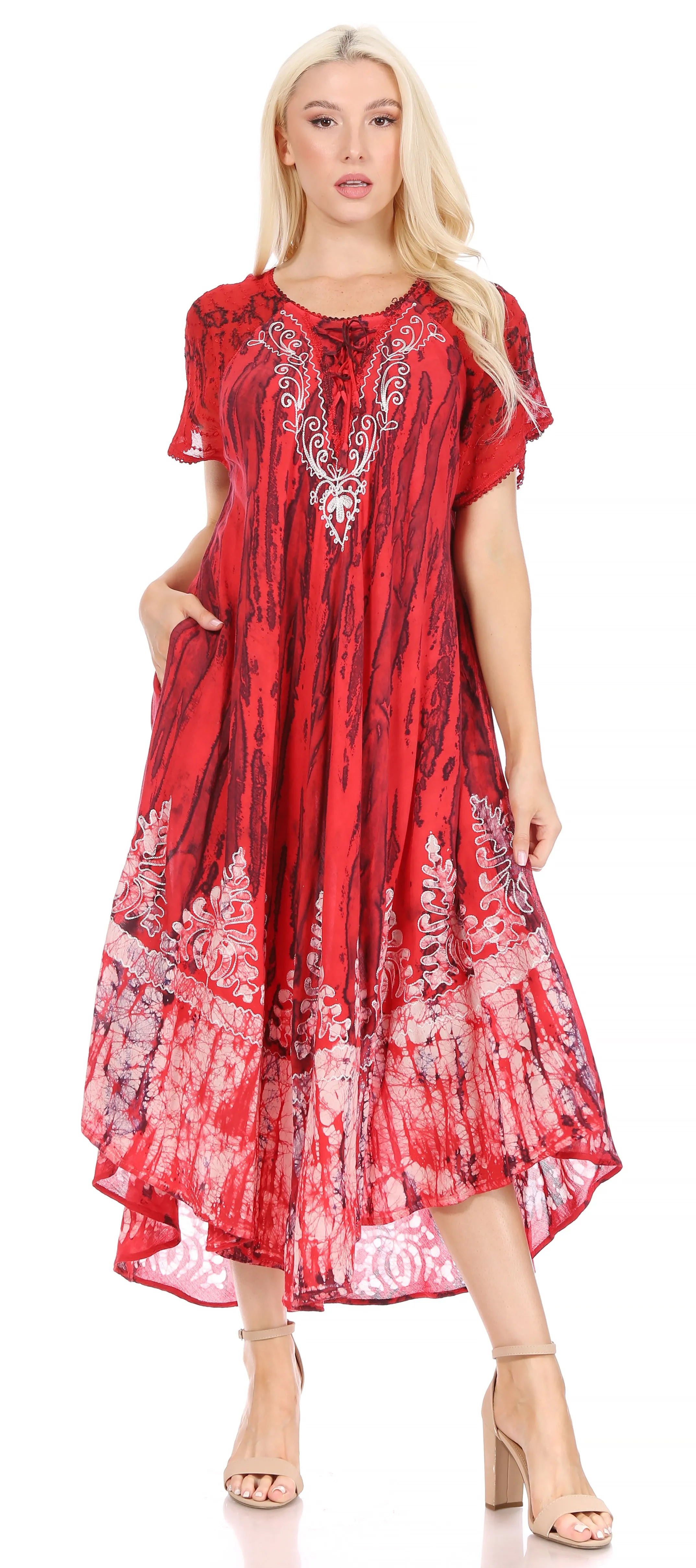 Sakkas Ronny Lace Embroidered Cap Sleeve Tie Dye Wash Caftan Dress / Cover Up