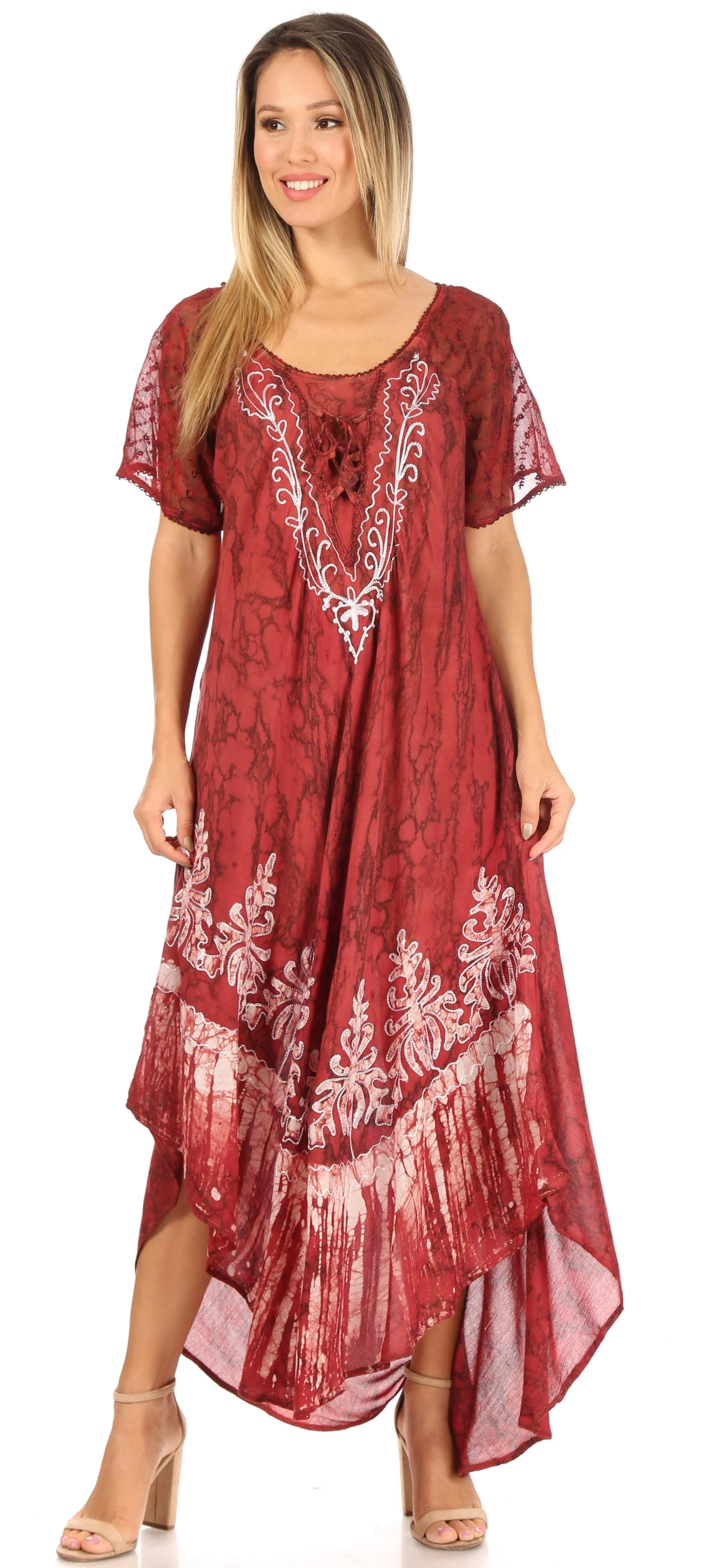 Sakkas Ronny Lace Embroidered Cap Sleeve Tie Dye Wash Caftan Dress / Cover Up