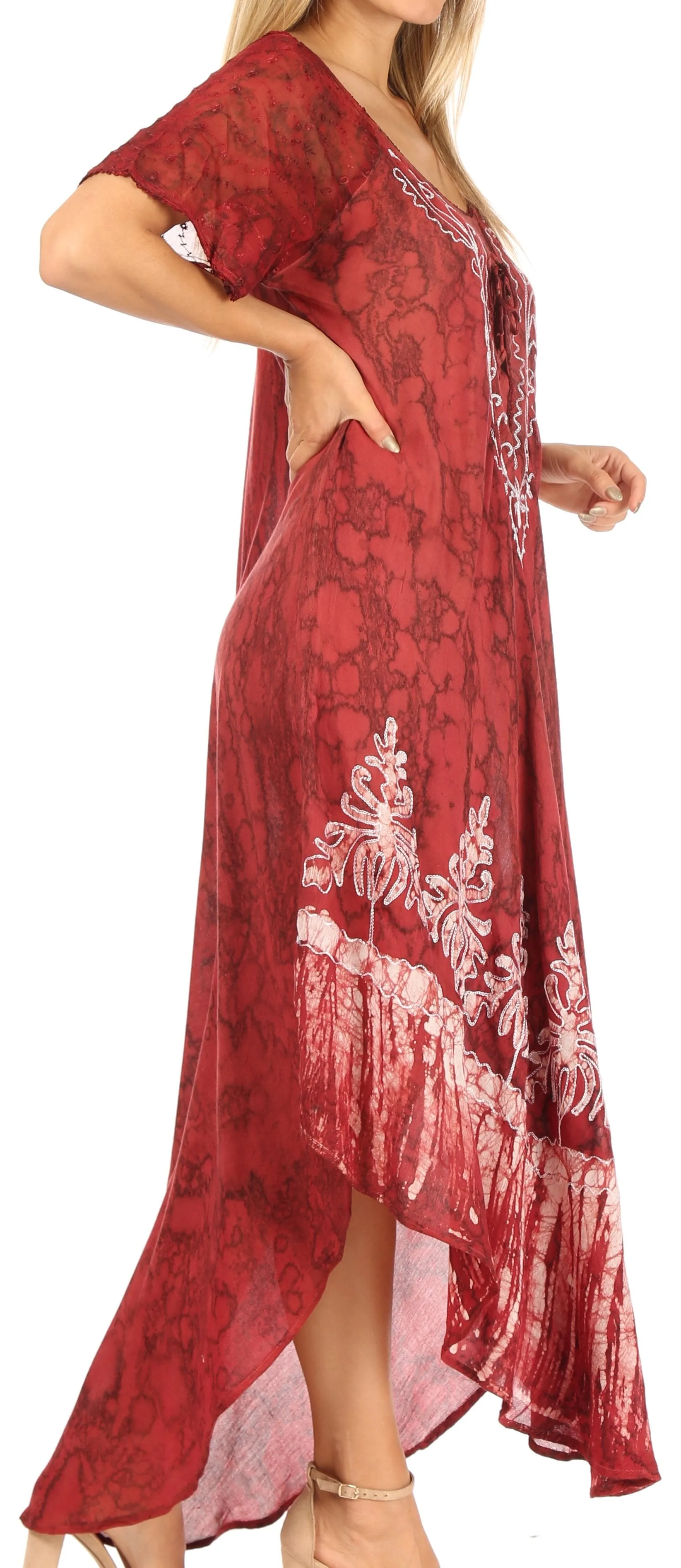 Sakkas Ronny Lace Embroidered Cap Sleeve Tie Dye Wash Caftan Dress / Cover Up