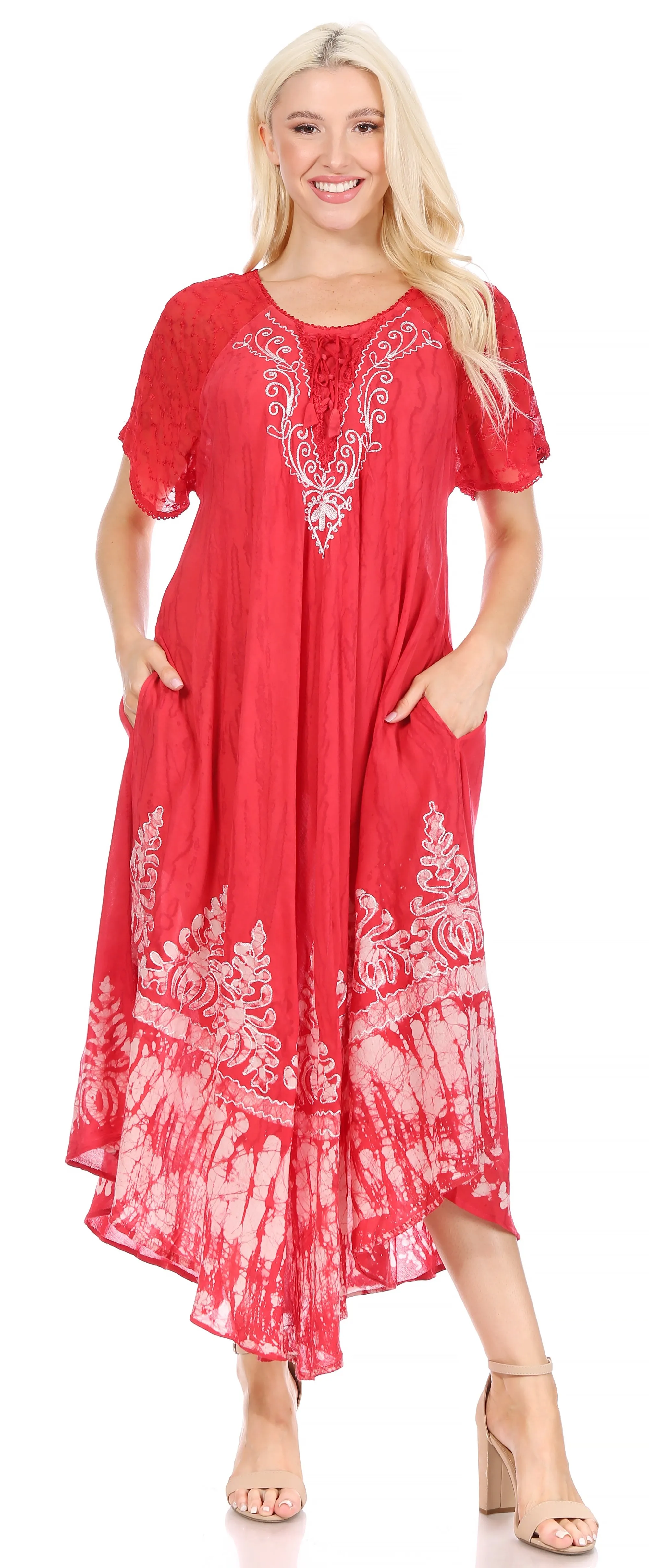 Sakkas Ronny Lace Embroidered Cap Sleeve Tie Dye Wash Caftan Dress / Cover Up