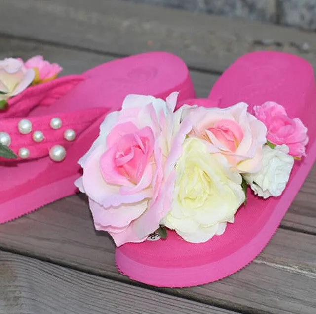 summer women flip flops mules clogs wedge flower sandals garden shoes handmade pearl slippers jelly color hawaiian beach sandals