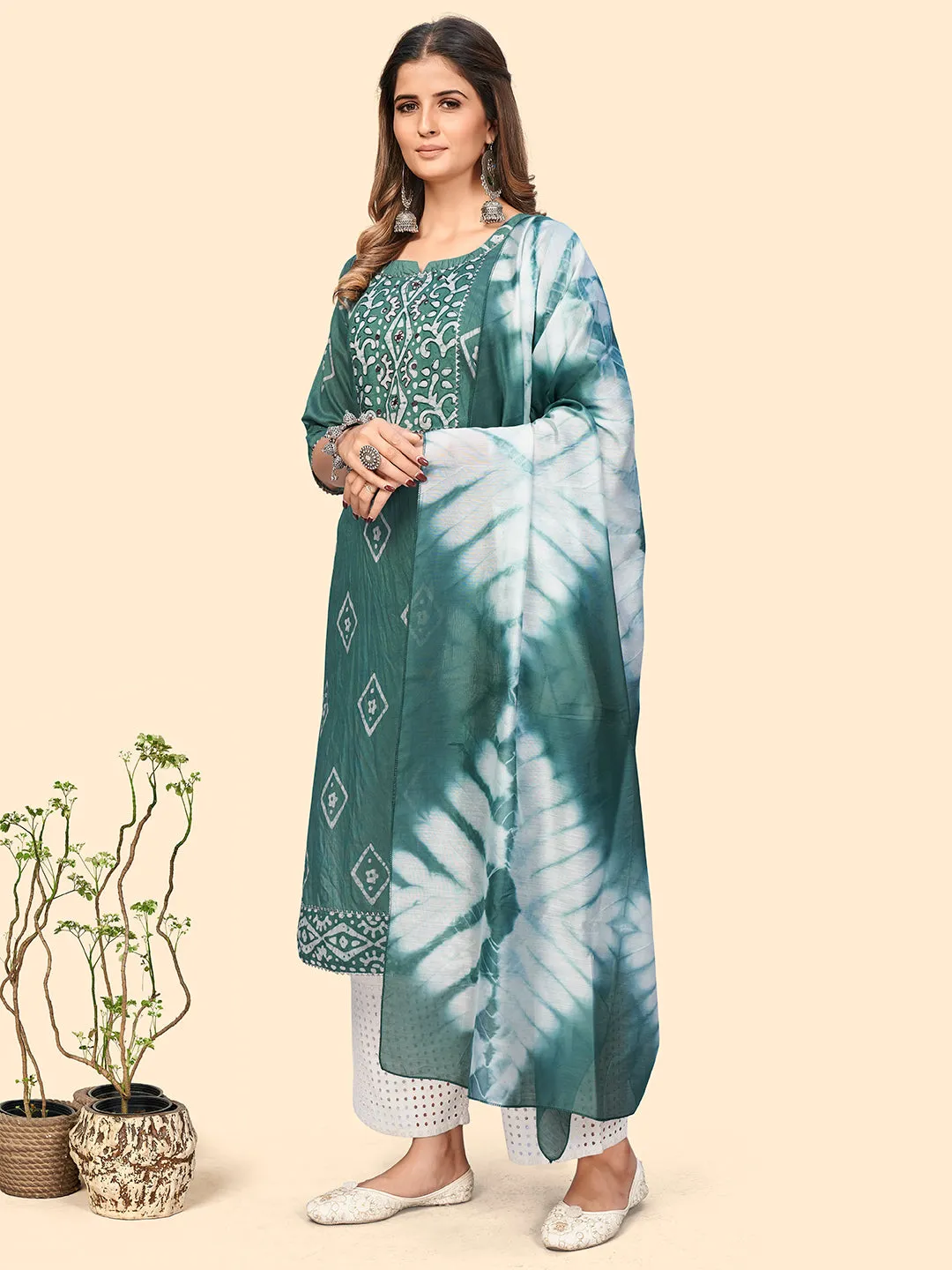 Women'S Batik Print & Mirror Straight Chanderi Turquoise Stitched Kurta With Dupatta