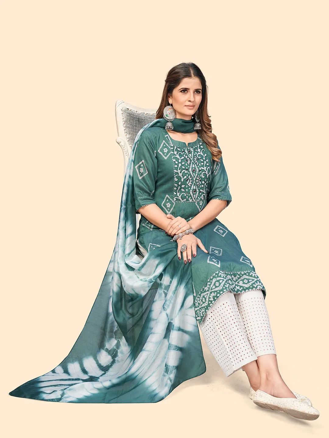 Women'S Batik Print & Mirror Straight Chanderi Turquoise Stitched Kurta With Dupatta