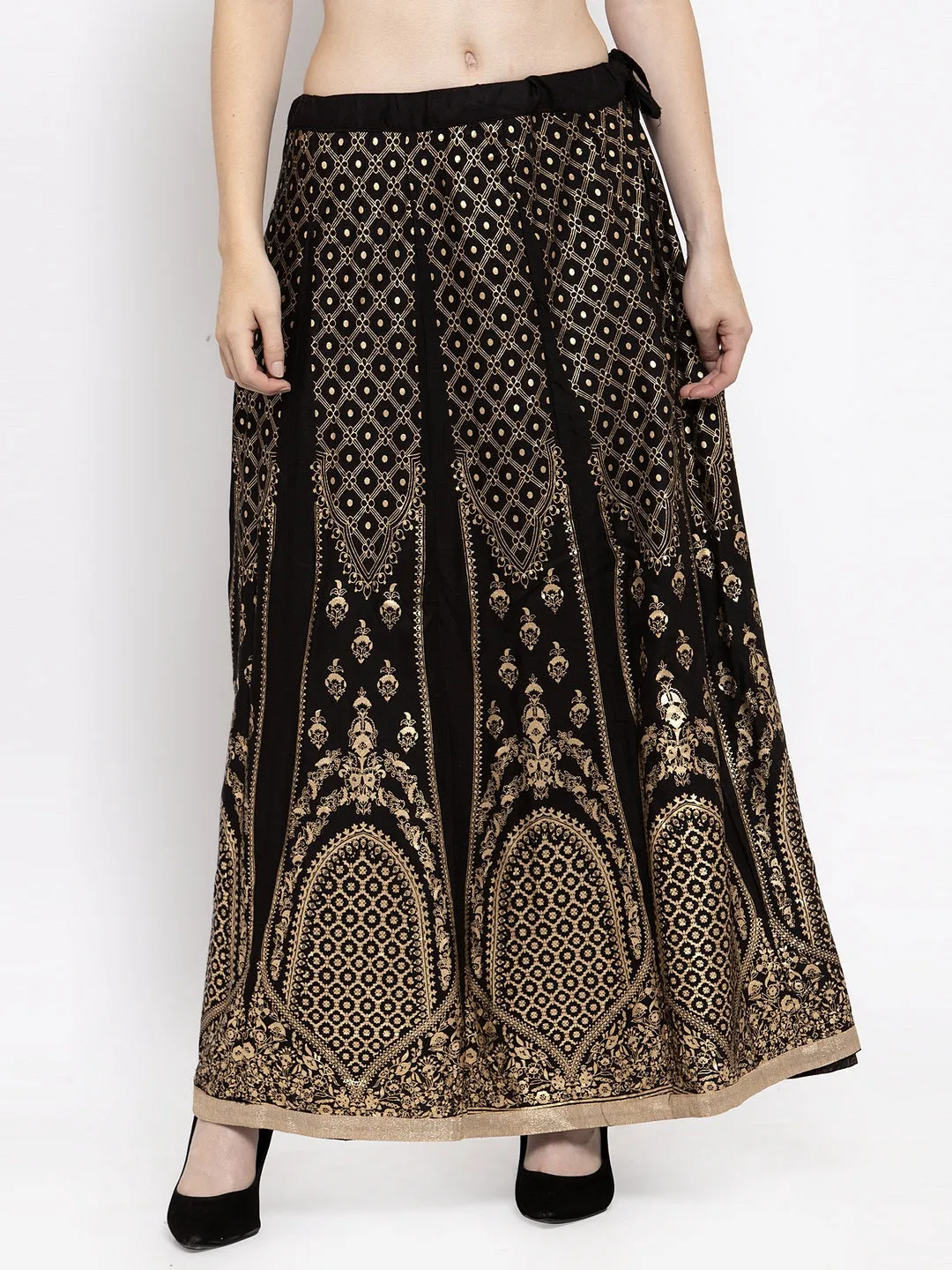 Women'S Black Printed Flared Rayon Skirt