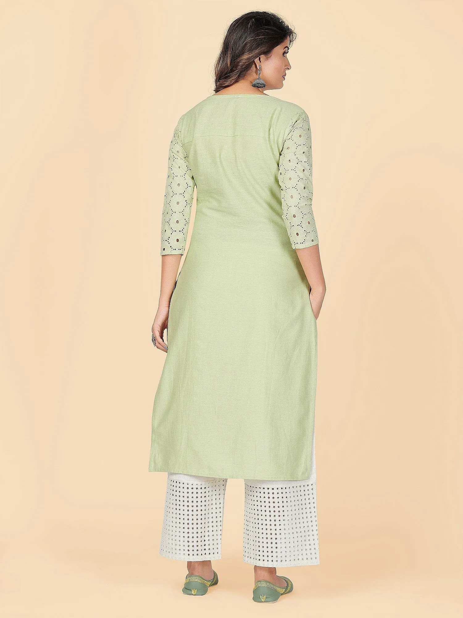 Women'S Chikankari & Embroidered Straight Cotton Pista Stitched Kurta